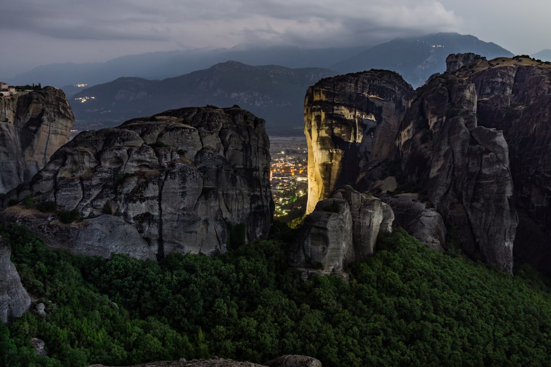 Spectacular view of Meteora mountains and monasteries.