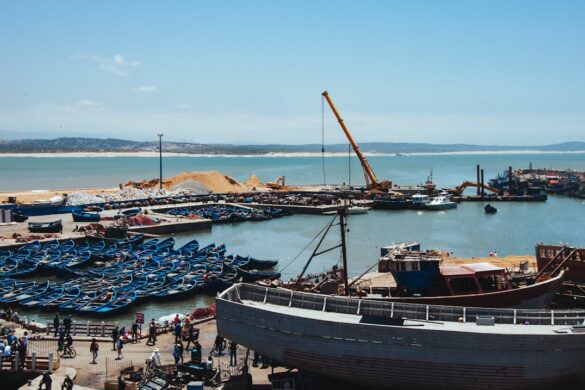 The coastal city of Essaouira with waves crashing.