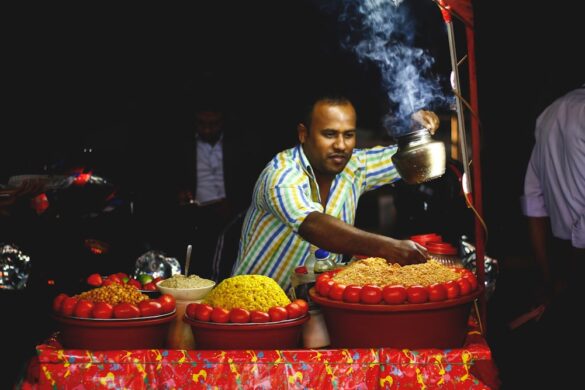 Vibrant street food vendors in UK markets.