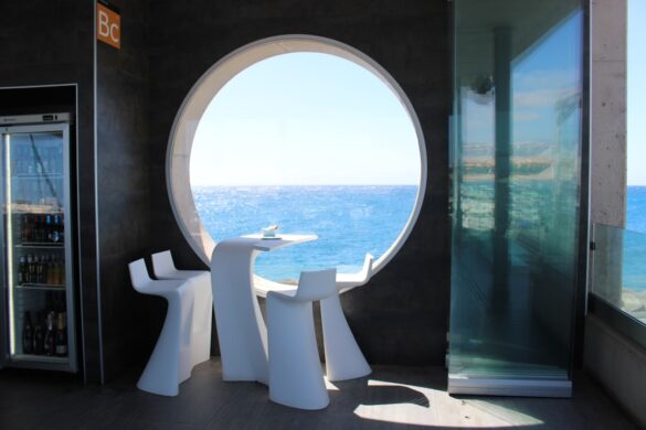 Luxury hotel room overlooking Santorini